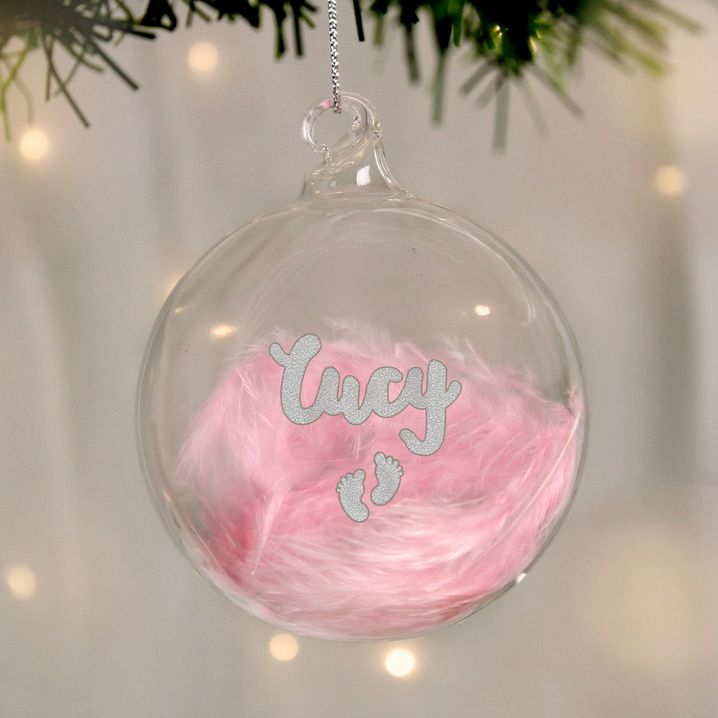 Personalised Pink Feather Silver Footprints Glass Bauble - Buy Christmas Decorations at GiftMasters.co.uk
