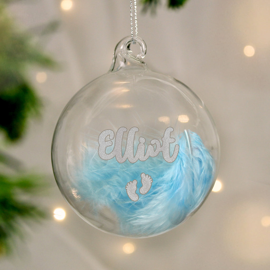 Personalised Blue Feather Silver Footprints Glass Bauble - Buy Christmas Decorations at GiftMasters.co.uk