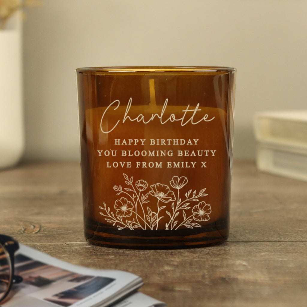 Personalised Wild Flowers Amber Glass Candle - Buy Candles & Reed Diffusers at GiftMasters.co.uk