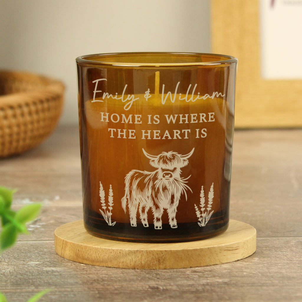 Personalised Engraved Highland Cow Amber Glass Candle - Buy Candles & Reed Diffusers at GiftMasters.co.uk