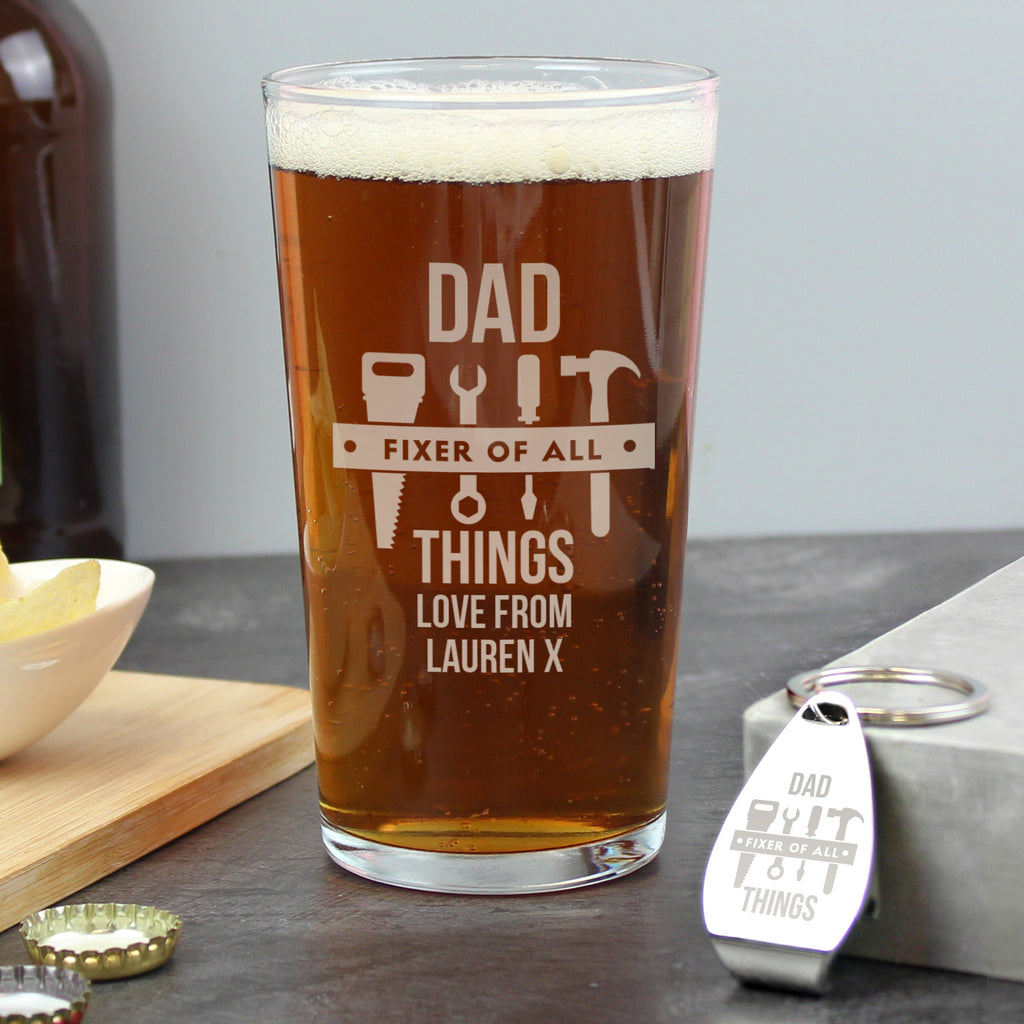 Personalised Fixer of All Things Pint Glass & Bottle Opener - Buy Glasses & Barware at GiftMasters.co.uk