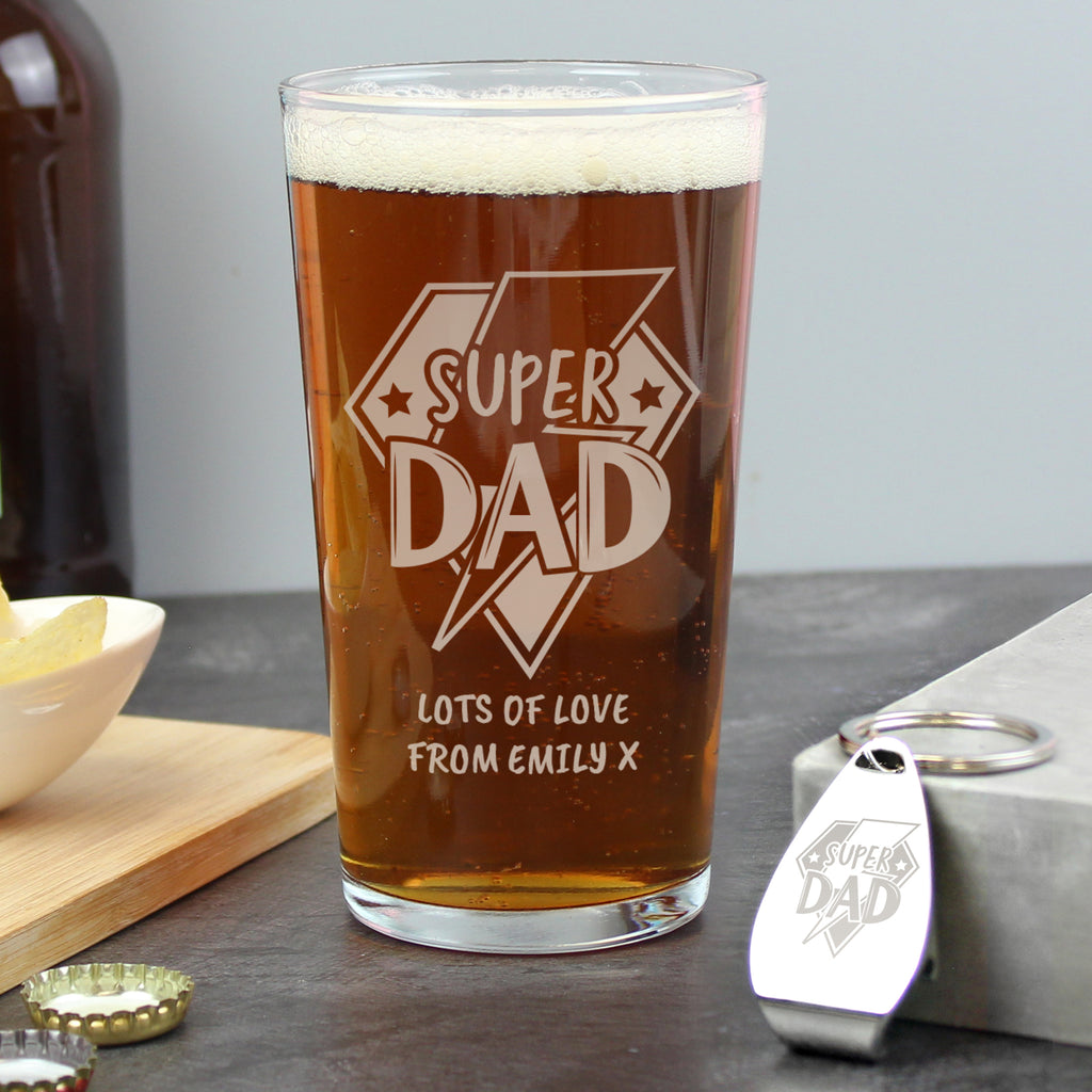 Personalised Super Dad Pint Glass & Bottle Opener - Buy Glasses & Barware at GiftMasters.co.uk