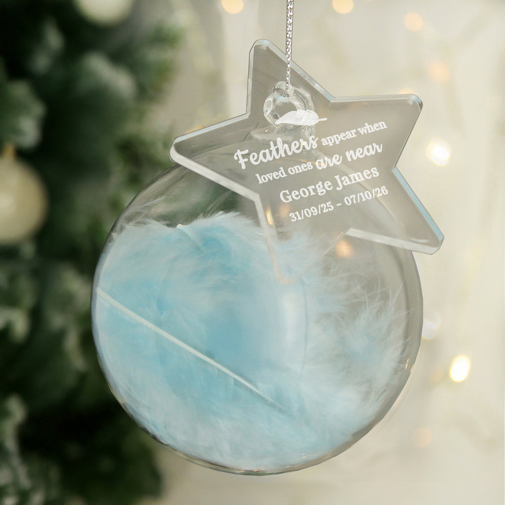 Personalised Blue Memorial Feather Bauble - Buy Christmas Decorations at GiftMasters.co.uk