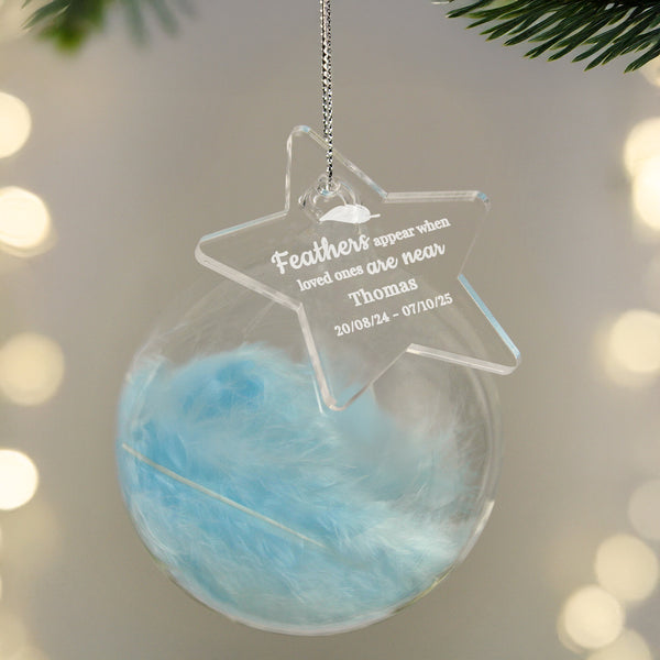 Personalised Blue Memorial Feather Bauble