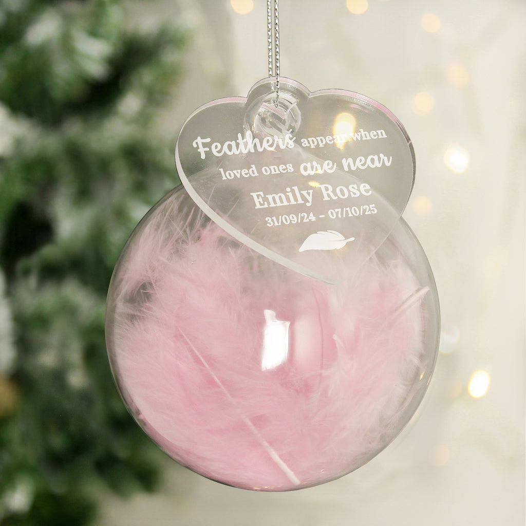 Personalised Pink Memorial Feather Bauble - Buy Christmas Decorations at GiftMasters.co.uk