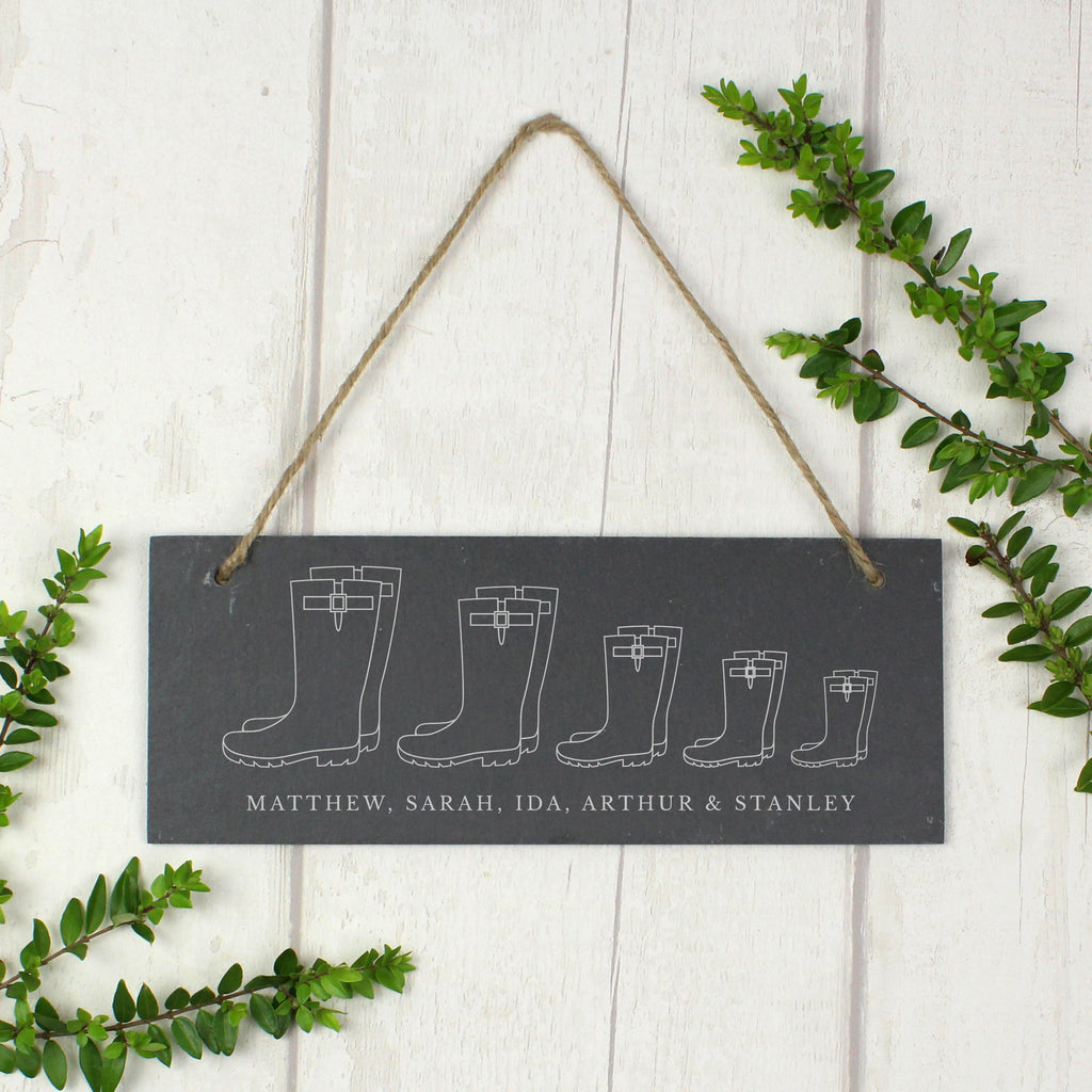 Personalised Welly Boot Family of Five Hanging Slate Plaque - Buy Hanging Decorations & Signs at GiftMasters.co.uk