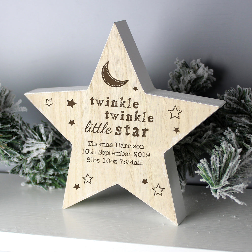 Personalised Twinkle Twinkle Rustic Wooden Star Decoration - Buy Ornaments at GiftMasters.co.uk