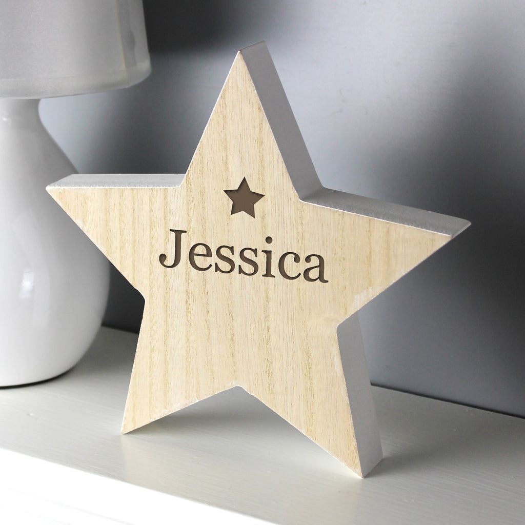 Personalised Any Name Rustic Wooden Star Decoration - Buy Ornaments at GiftMasters.co.uk