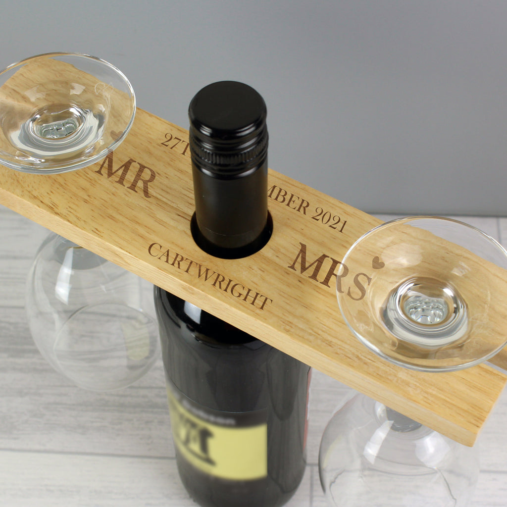 Personalised Married Couple Wine Glass & Bottle Holder - Buy Wooden at GiftMasters.co.uk