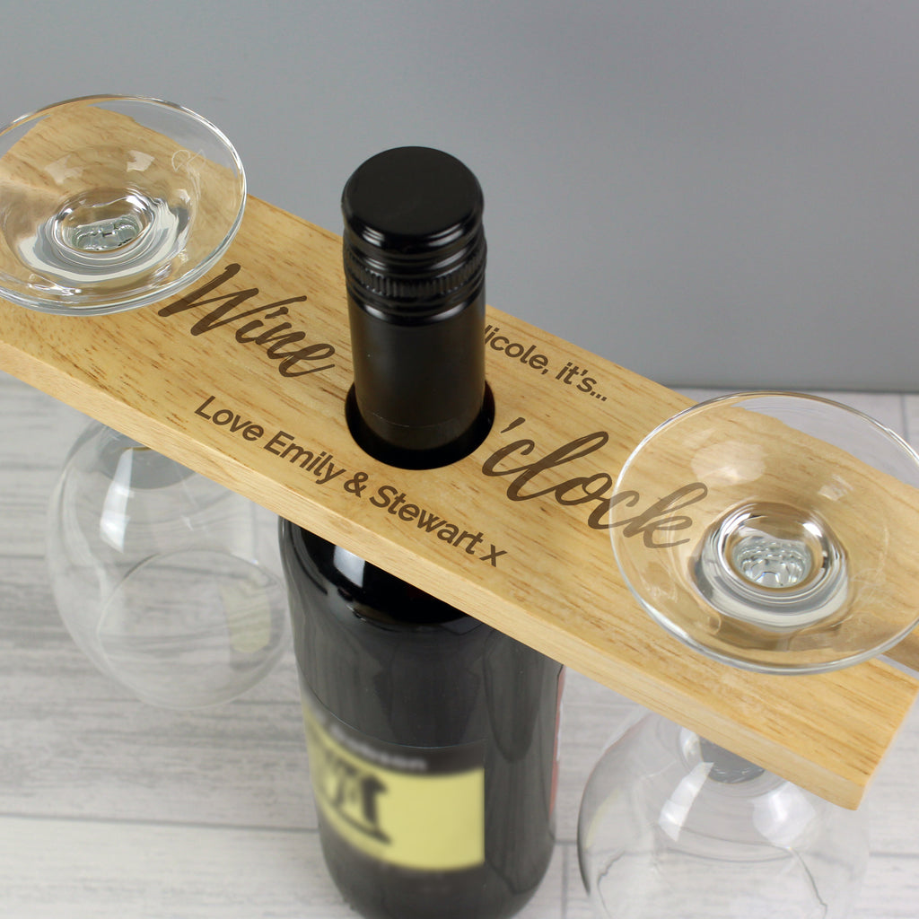 Personalised 'Wine O'clock' Wine Glass & Bottle Holder - Buy Wooden at GiftMasters.co.uk