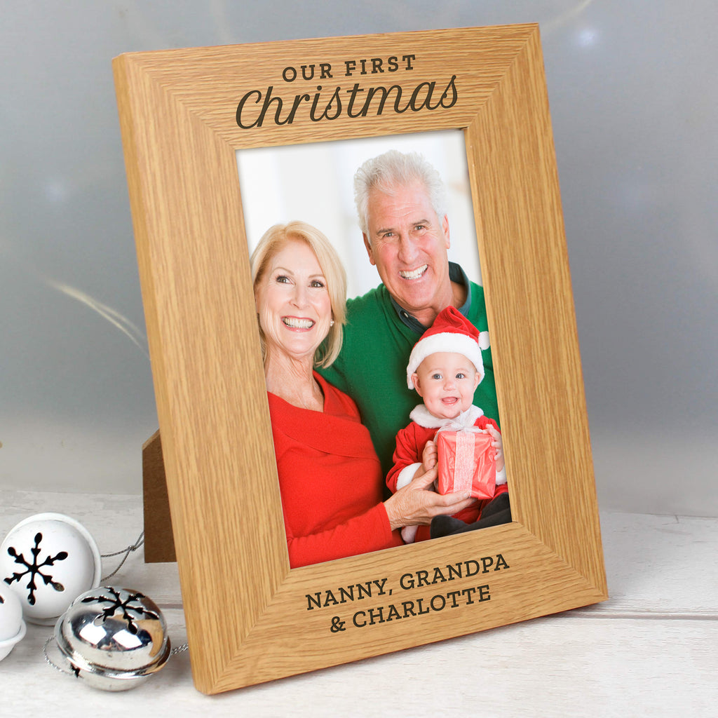 Personalised 'Our First Christmas' 6x4 Oak Finish Photo Frame - Buy Photo Frames, Albums and Guestbooks at GiftMasters.co.uk