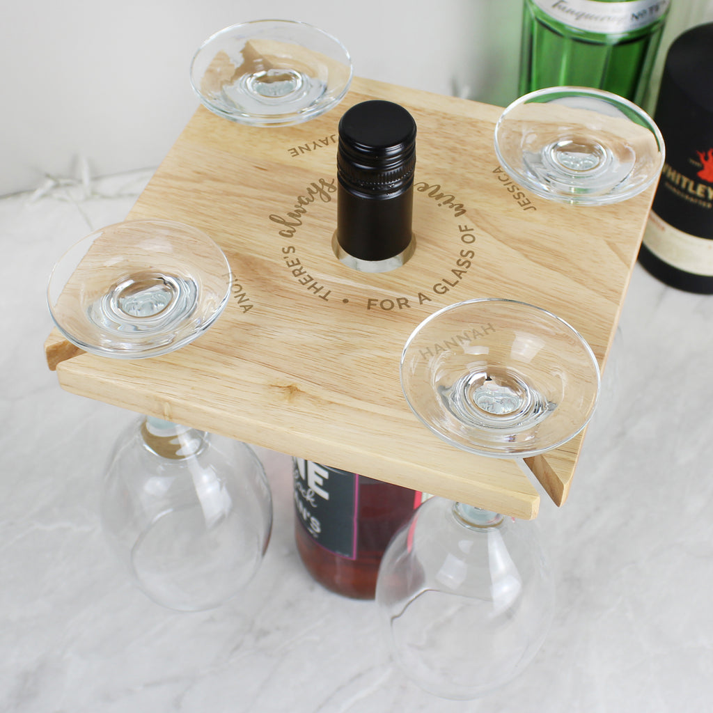 Personalised ...Time For a Glass of Wine Four Wine Glass Holder & Bottle Holder - Buy Wooden at GiftMasters.co.uk
