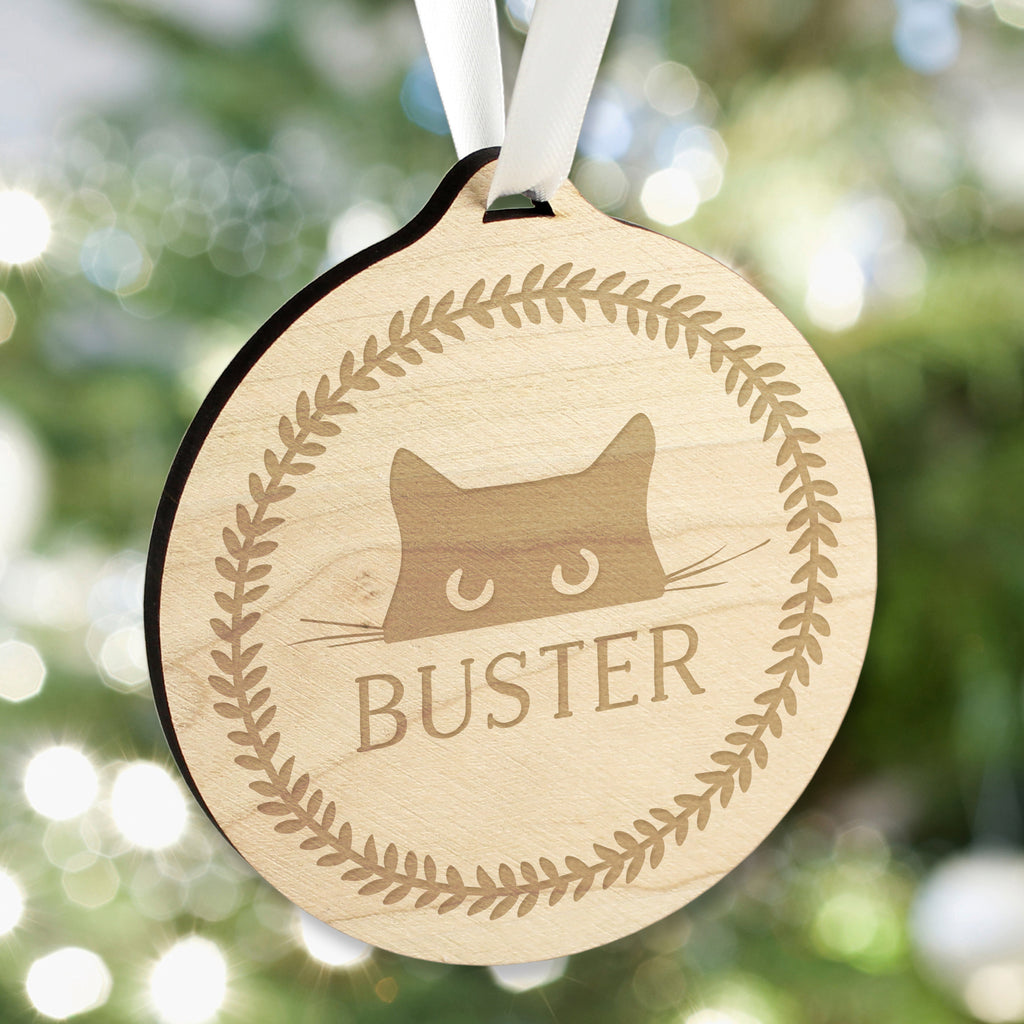 Personalised Cat Round Wooden Bauble - Buy Christmas Decorations at GiftMasters.co.uk