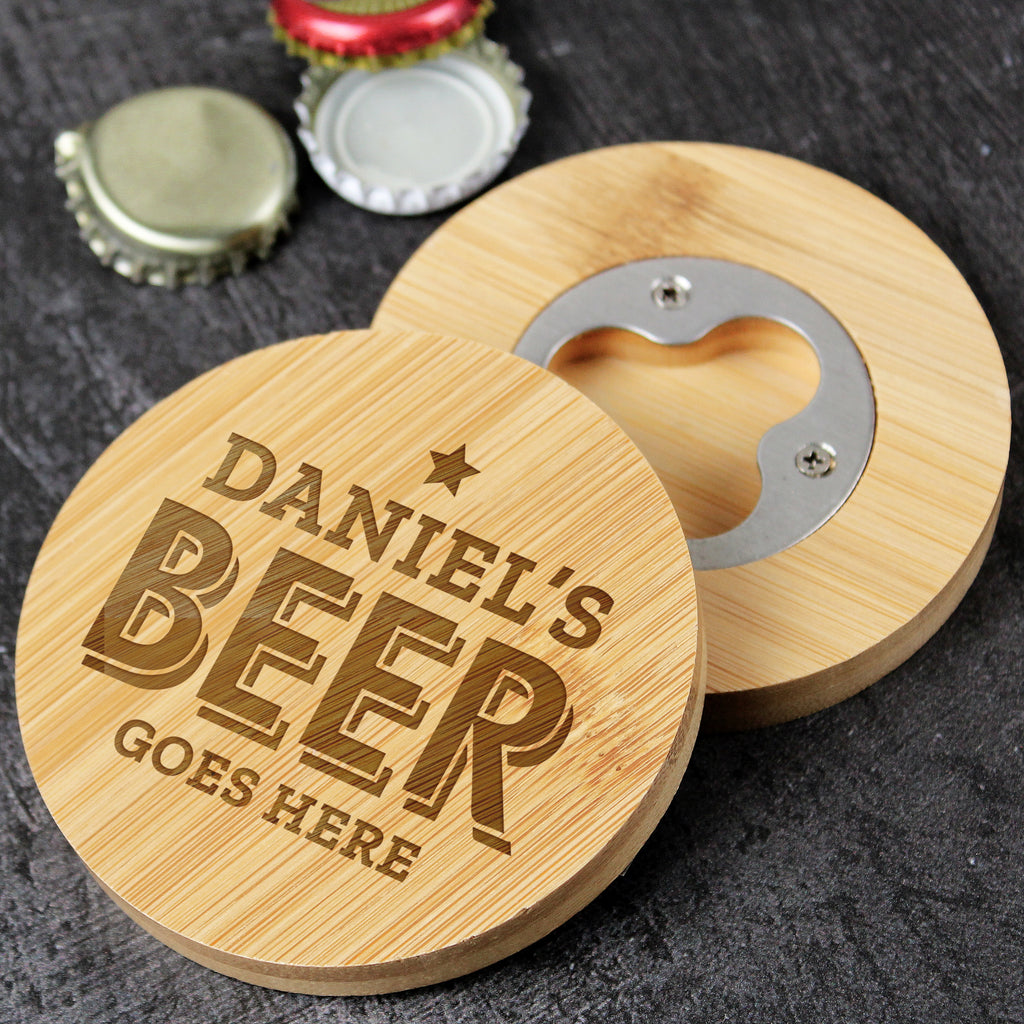 Personalised Beer Goes Here Bamboo Bottle Opener Coaster - Buy Glasses & Barware at GiftMasters.co.uk
