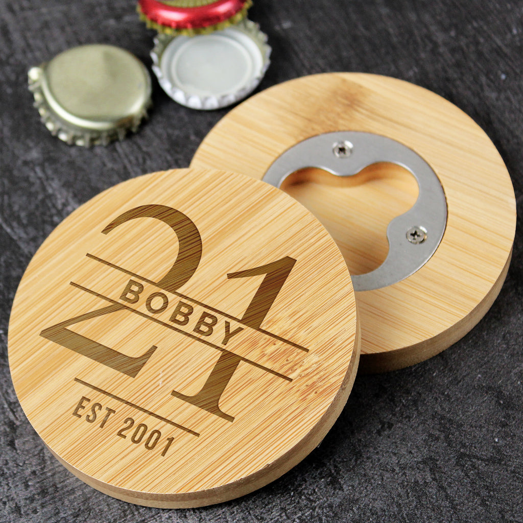 Personalised Big Age Bamboo Bottle Opener Coaster - Buy Glasses & Barware at GiftMasters.co.uk