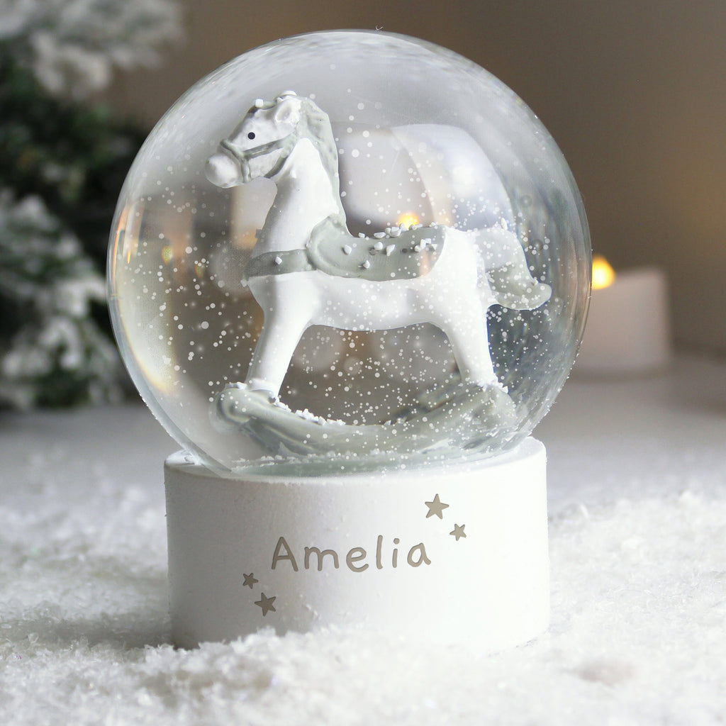 Personalised Name Only Rocking Horse Glitter Snow Globe - Buy Christmas Decorations at GiftMasters.co.uk