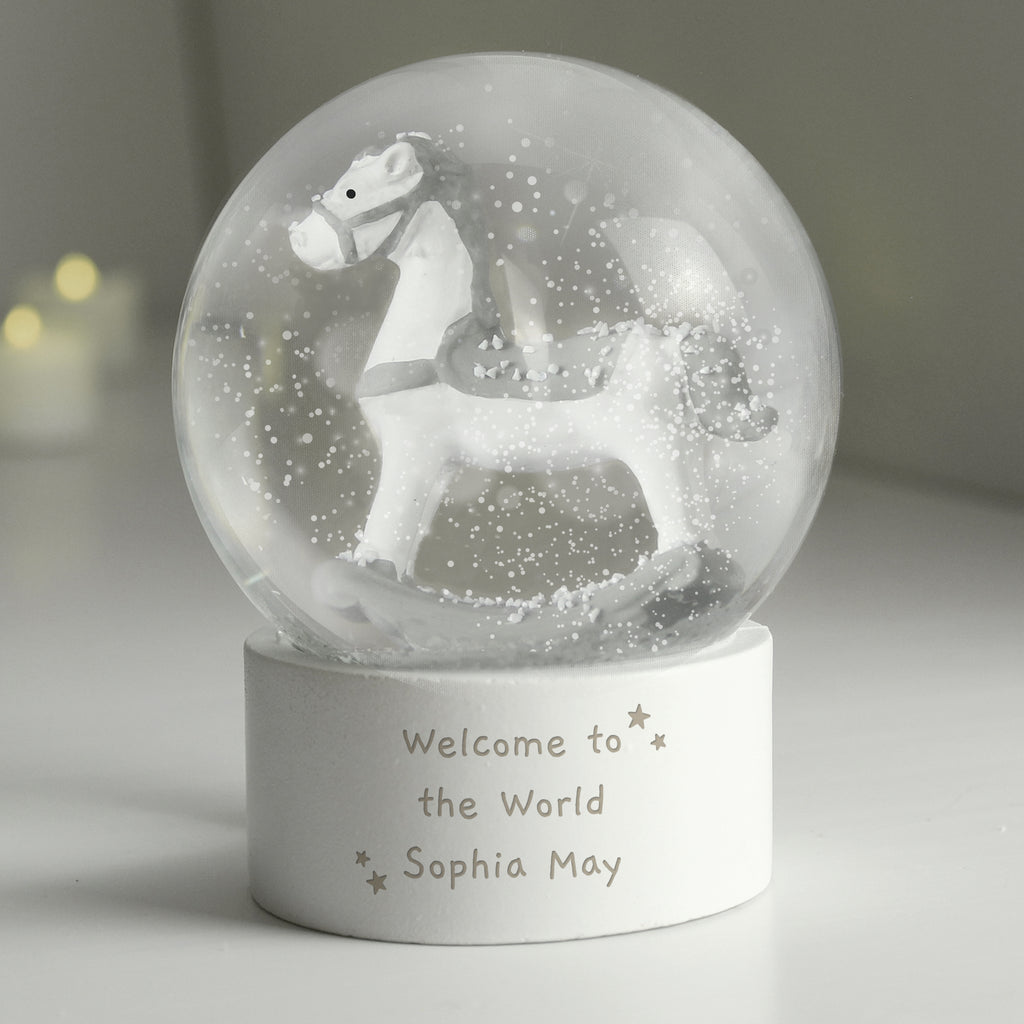 Personalised Free Text Rocking Horse Glitter Snow Globe - Buy Christmas Decorations at GiftMasters.co.uk