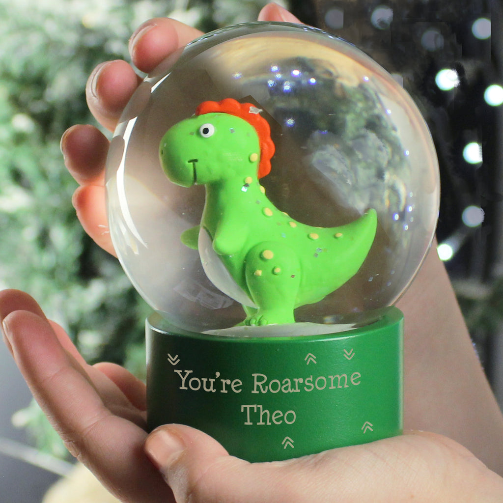 Personalised Message Dinosaur Glitter Snow Globe - Buy Christmas Decorations at GiftMasters.co.uk