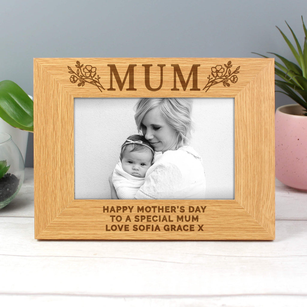 Personalised Floral Mum 6x4 Oak Finish Photo Frame - Buy Photo Frames, Albums and Guestbooks at GiftMasters.co.uk
