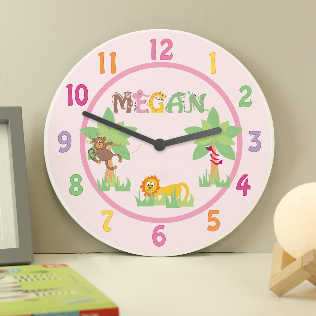 Personalised Pink Animal Alphabet Clock - Buy Clocks & Watches at GiftMasters.co.uk