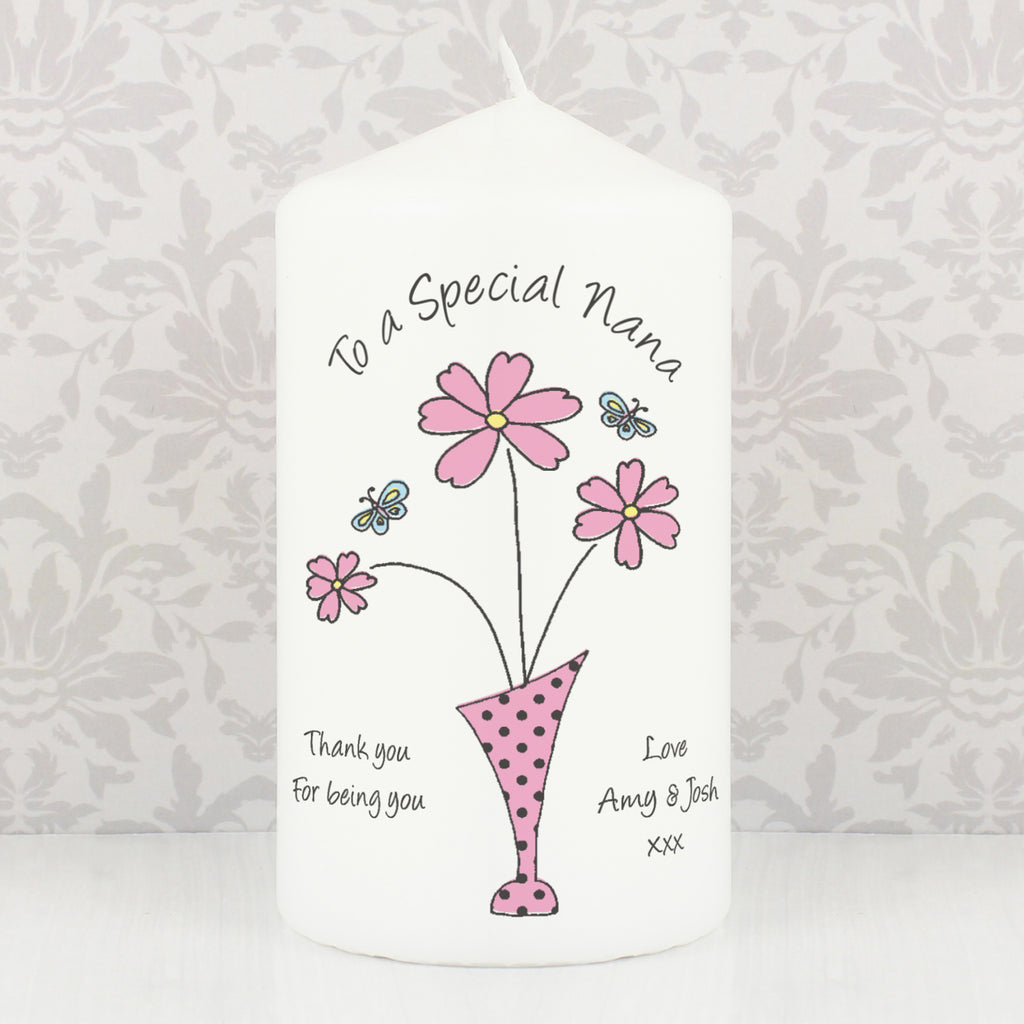 Personalised Flower in Vase Message Pillar Candle - Buy Candles & Reed Diffusers at GiftMasters.co.uk