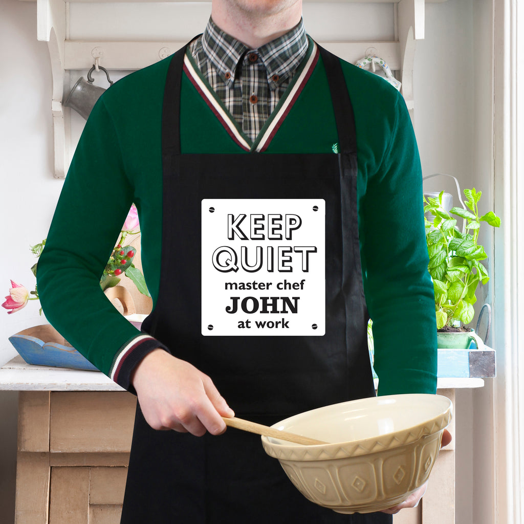 Personalised Keep Quiet Black Apron - Buy Kitchen, Baking & Dining Gifts at GiftMasters.co.uk