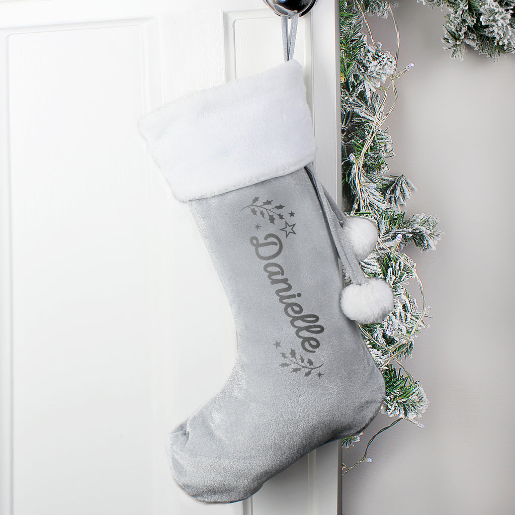 Personalised Holly Grey Christmas Stocking - Buy Christmas Decorations at GiftMasters.co.uk