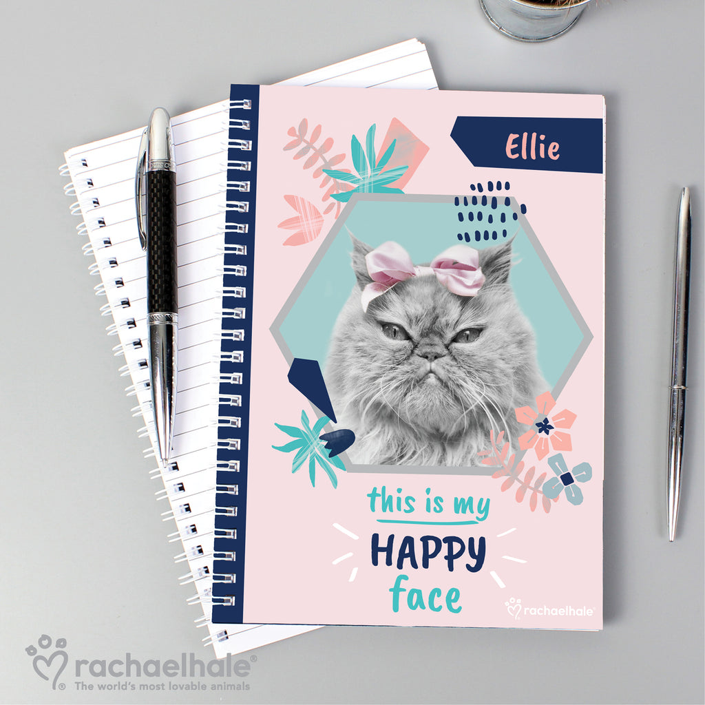 Personalised Rachael Hale 'Happy Face' Cat A5 Notebook - Buy Stationery & Pens at GiftMasters.co.uk