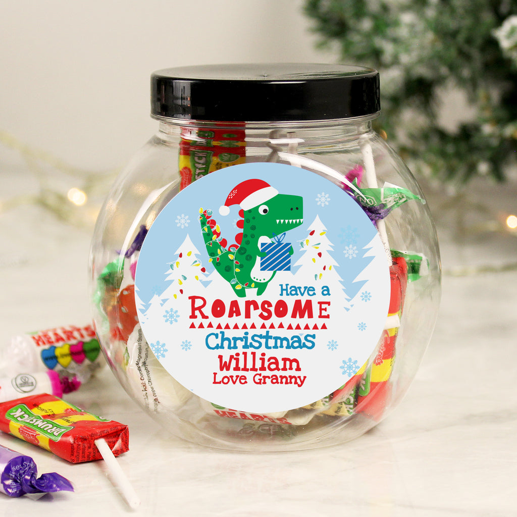 Personalised Dinosaur 'Have a Roarsome Christmas' Sweet Jar - Buy Confectionery at GiftMasters.co.uk