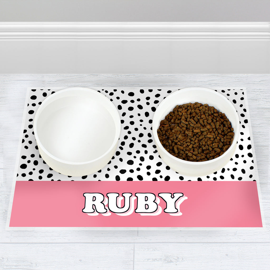 Personalised Pink Spots Dog Pet Bowl Mat - Buy Pet Gifts at GiftMasters.co.uk