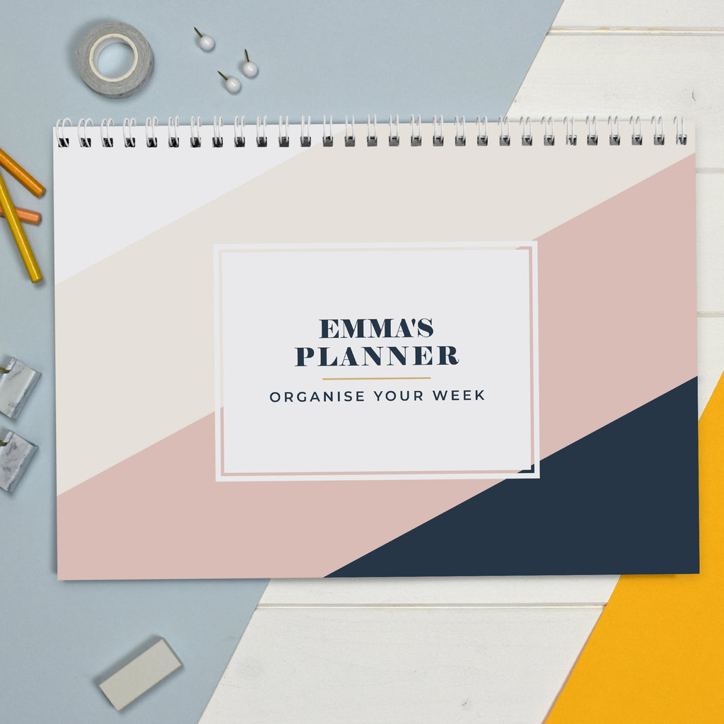 Personalised Free Text Navy & Blush A4 Desk Planner - Buy Stationery & Pens at GiftMasters.co.uk