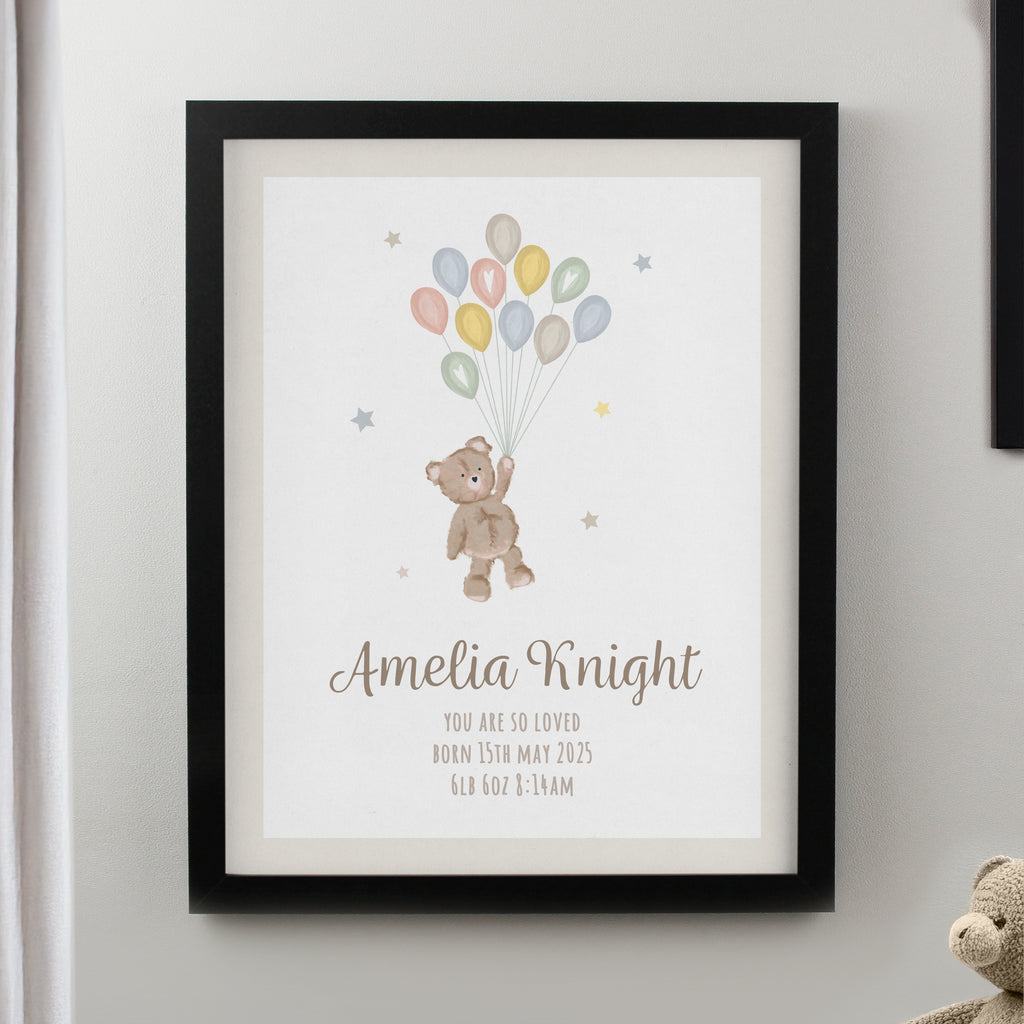 Personalised Teddy Balloon Black Poster Frame - Buy Framed Prints at GiftMasters.co.uk
