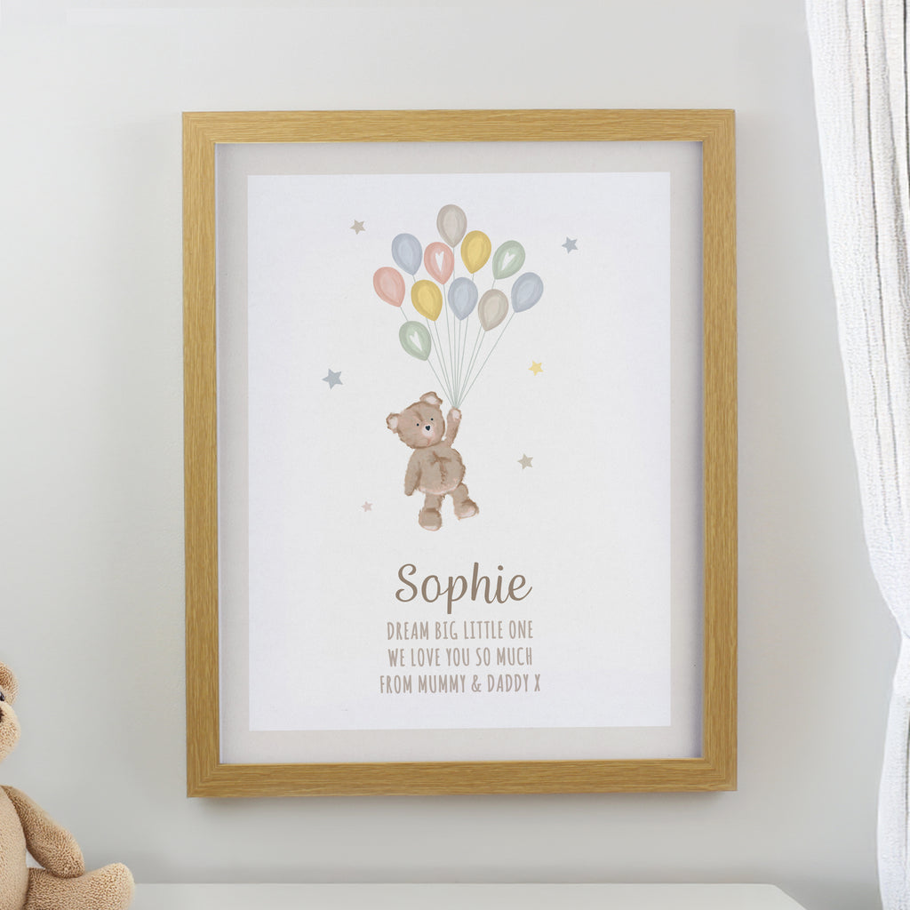 Personalised Teddy Balloon Oak Poster Frame - Buy Framed Prints at GiftMasters.co.uk