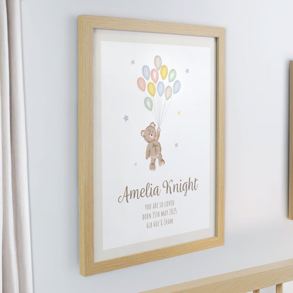 Personalised Teddy Balloon Oak Poster Frame