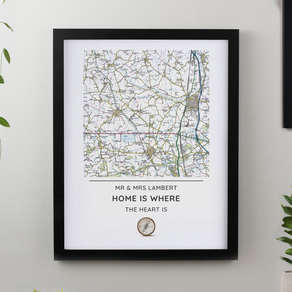 Personalised Present Day Map Compass Black Poster Frame - Buy Framed Prints at GiftMasters.co.uk