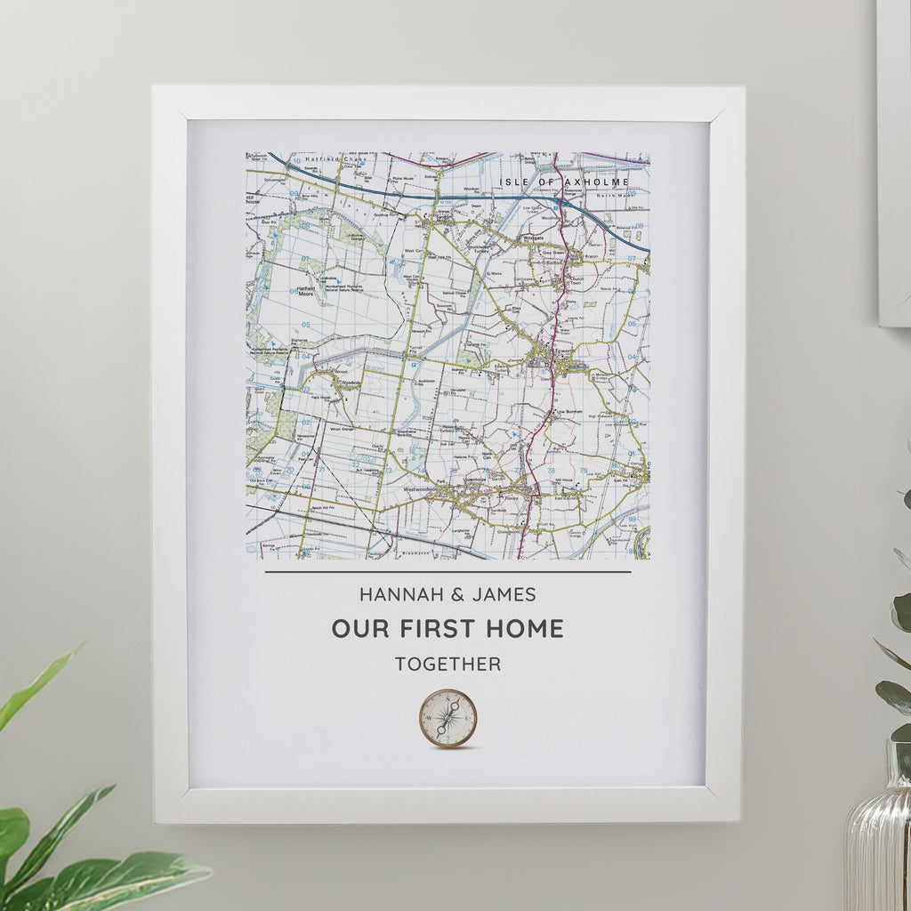 Personalised Present Day Map Compass White Poster Frame - Buy Framed Prints at GiftMasters.co.uk