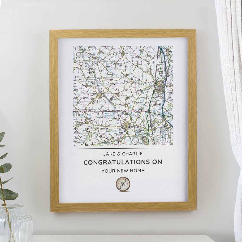 Personalised Present Day Map Compass Oak Poster Frame - Buy Framed Prints at GiftMasters.co.uk