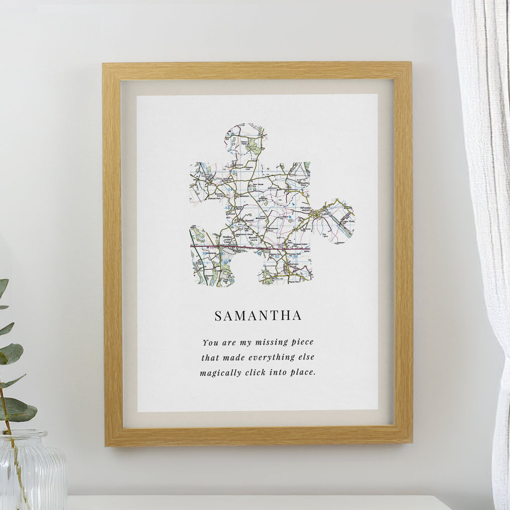 Personalised Present Day Map Puzzle Piece Oak Poster Frame - Buy Framed Prints at GiftMasters.co.uk