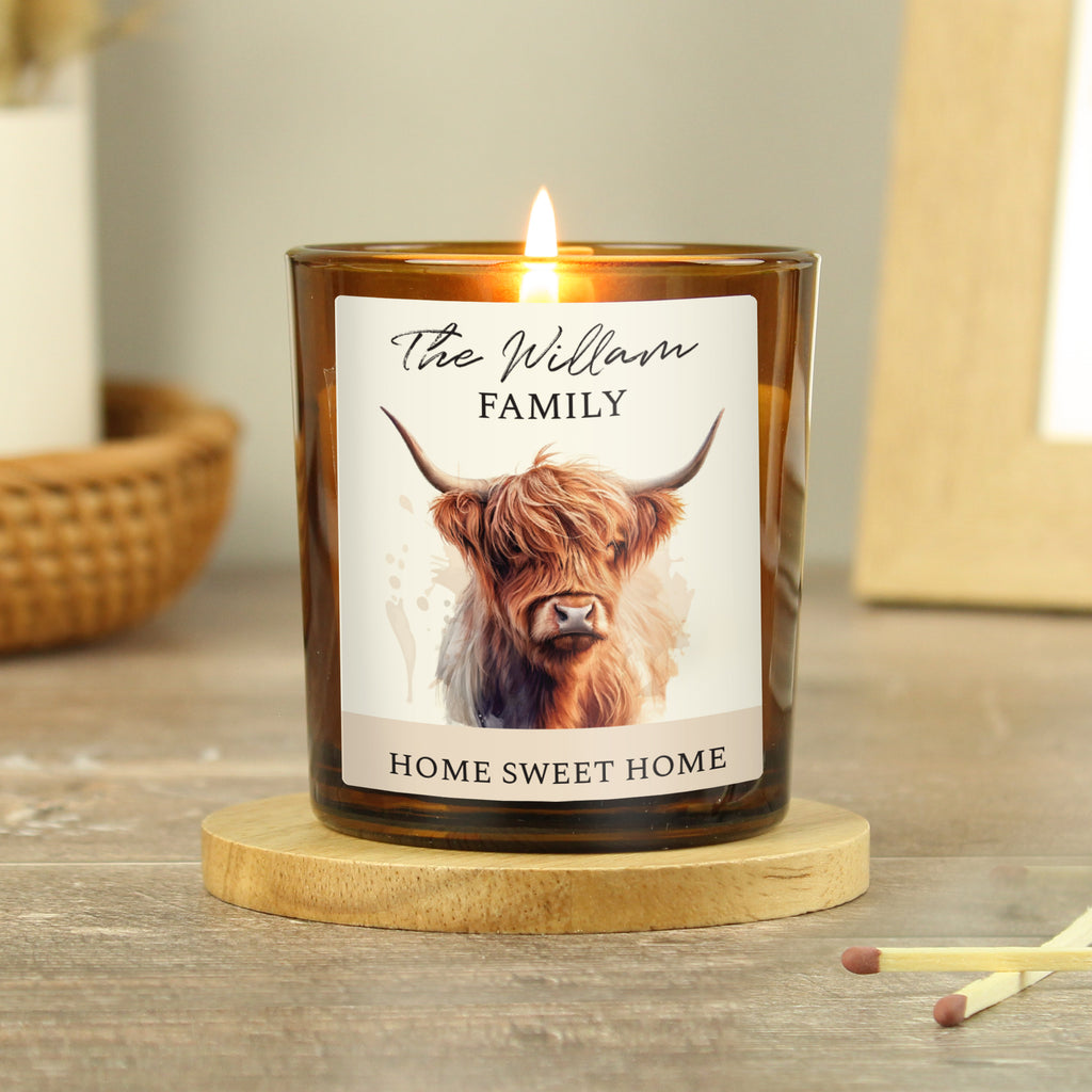 Personalised Highland Cow Amber Glass Candle - Buy Candles & Reed Diffusers at GiftMasters.co.uk