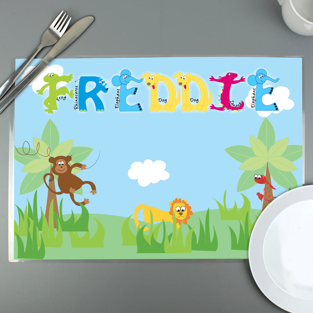 Personalised Blue Animal Alphabet Placemat - Buy Mealtime Essentials at GiftMasters.co.uk