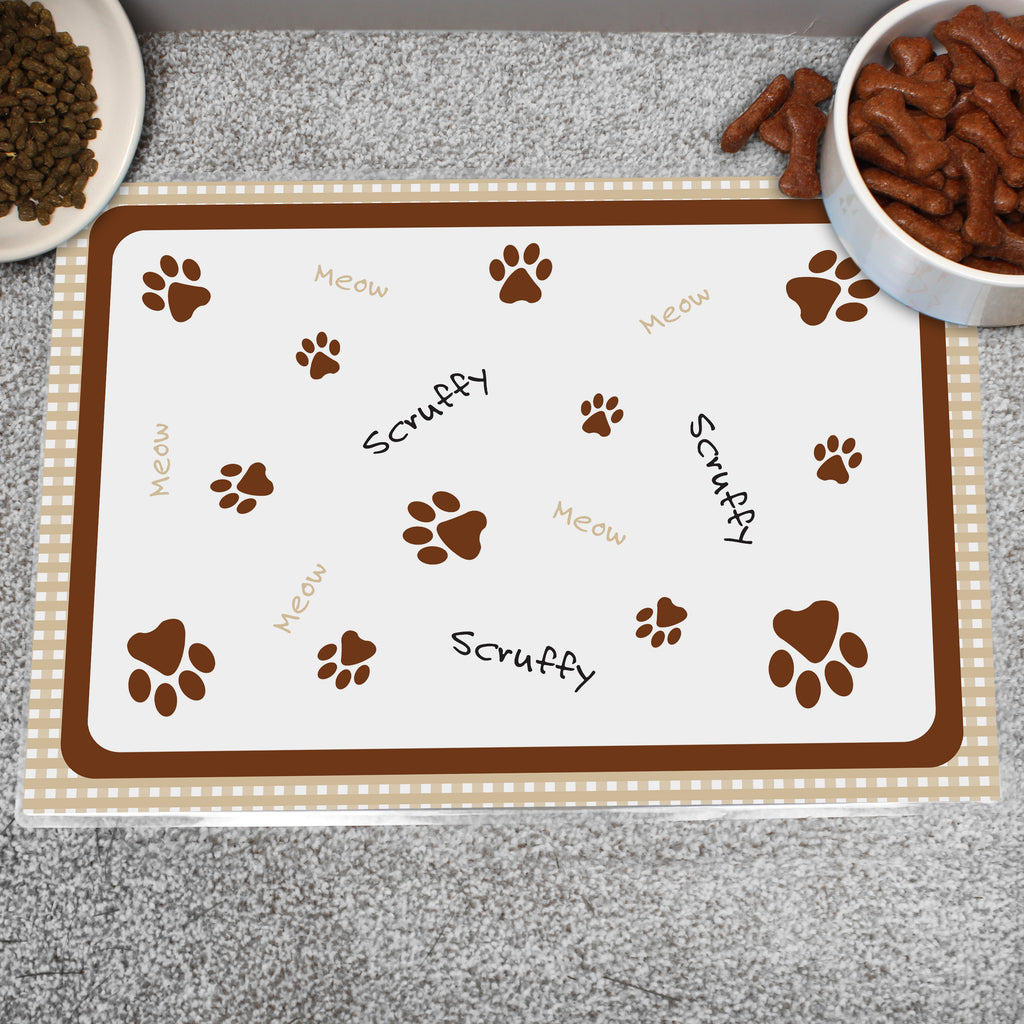 Personalised Brown Gingham Cat Pet Bowl Mat - Buy Pet Gifts at GiftMasters.co.uk
