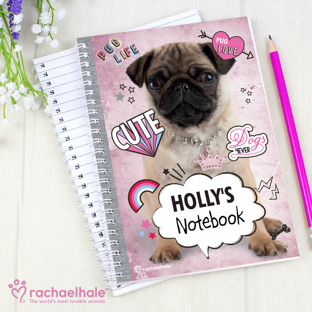 Personalised Rachael Hale Doodle Pug A5 Notebook - Buy Stationery & Pens at GiftMasters.co.uk