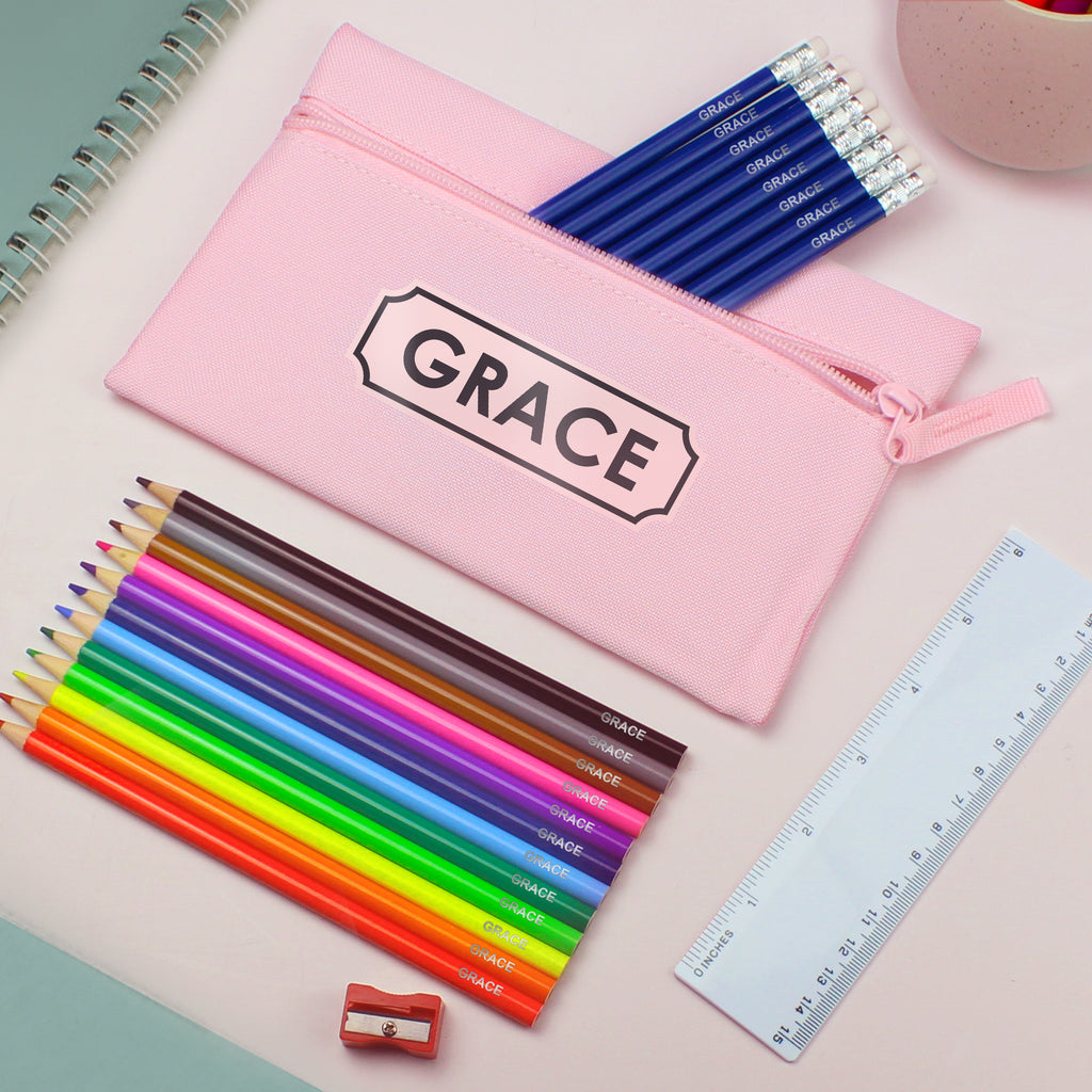 Pink Pencil Case with Personalised Pencils & Crayons - Buy Stationery & Pens at GiftMasters.co.uk
