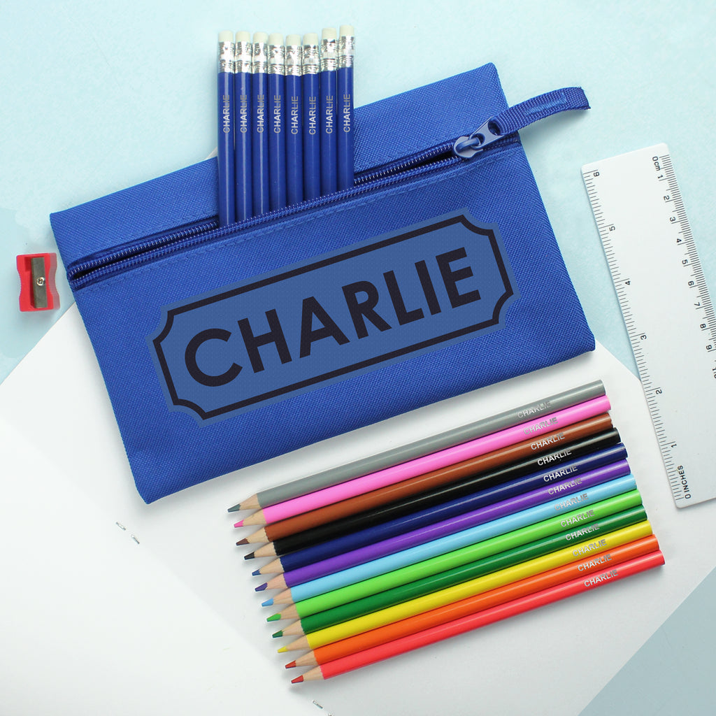 Blue Pencil Case with Personalised Pencils & Crayons - Buy Stationery & Pens at GiftMasters.co.uk