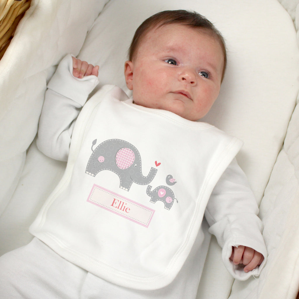 Personalised Pink Elephant 0-3 Months Baby Bib - Buy Mealtime Essentials at GiftMasters.co.uk