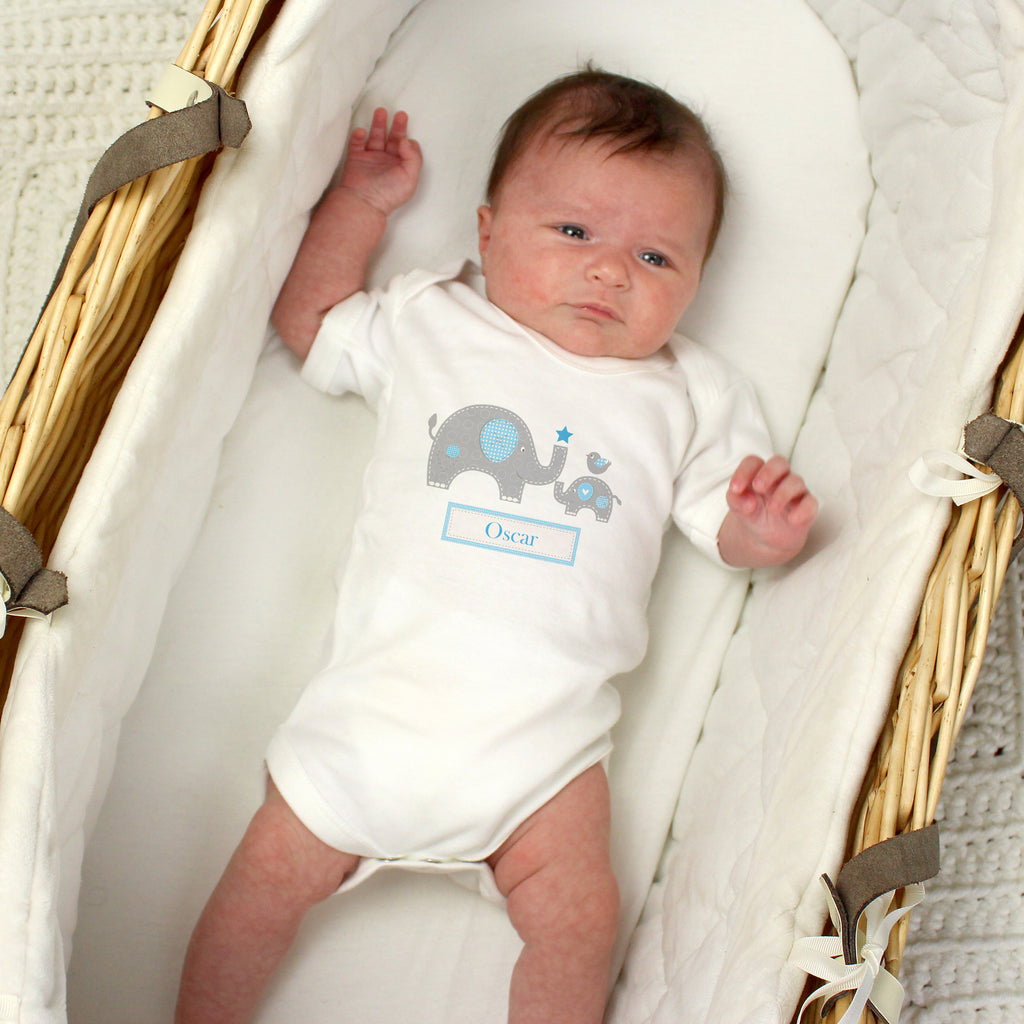 Personalised Blue Elephant 0-3 Months Baby Vest - Buy Clothing at GiftMasters.co.uk