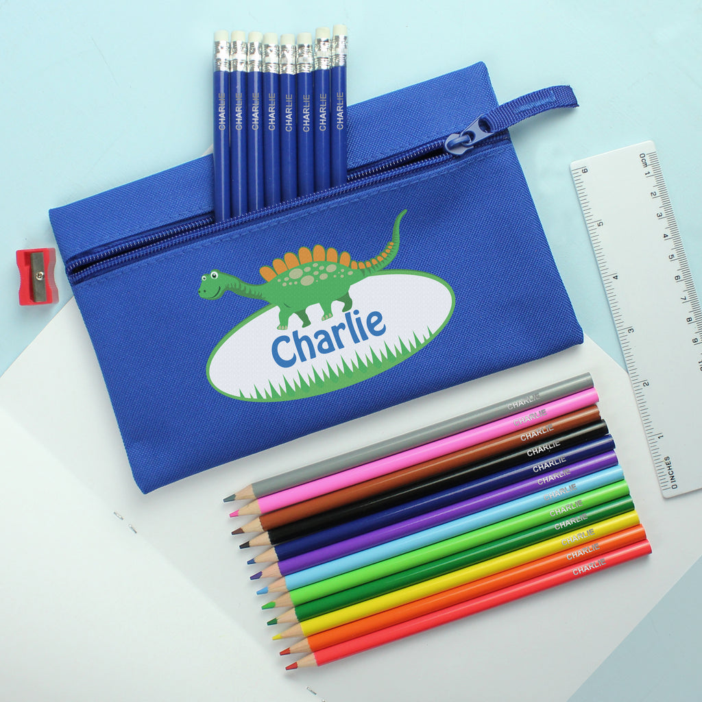 Blue Dinosaur Pencil Case with Personalised Pencils & Crayons - Buy Stationery & Pens at GiftMasters.co.uk