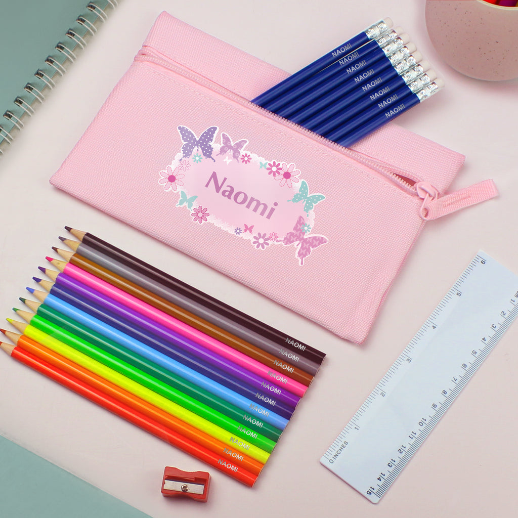 Pink Butterfly Pencil Case with Personalised Pencils & Crayons - Buy Stationery & Pens at GiftMasters.co.uk