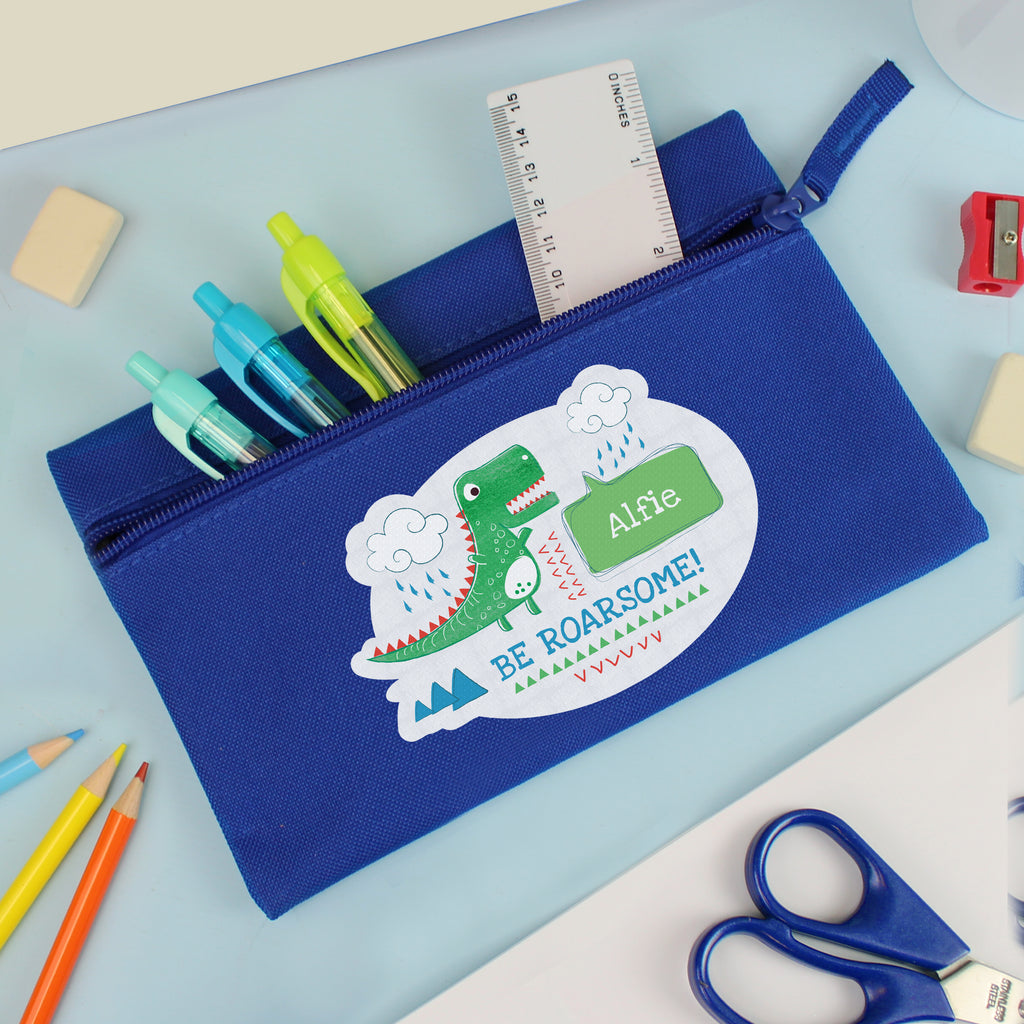 Personalised 'Be Roarsome' Dinosaur Blue Pencil Case - Buy Stationery & Pens at GiftMasters.co.uk
