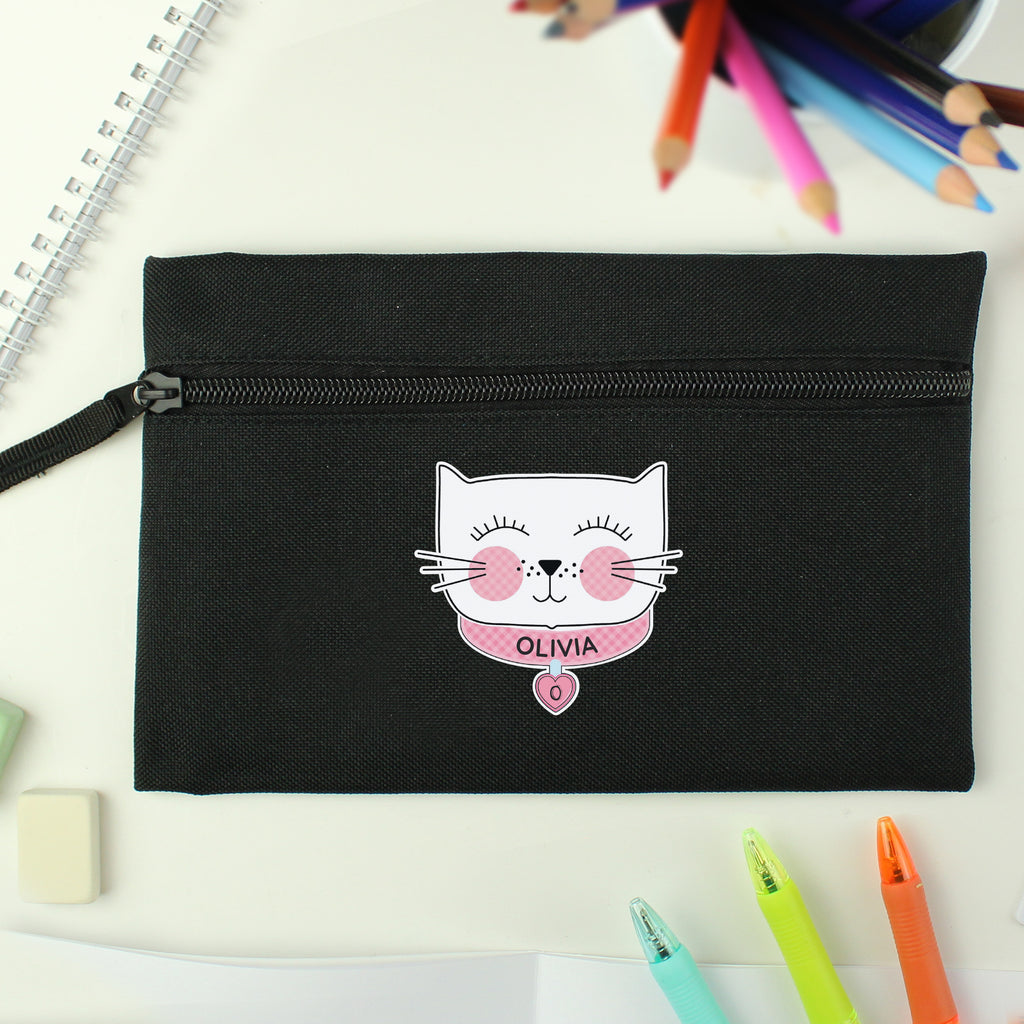 Personalised Cute Cat Black Pencil Case - Buy Stationery & Pens at GiftMasters.co.uk